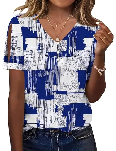 Cold Shoulder Short Sleeve Tops for Women Button V-Neck Blouse Shirt