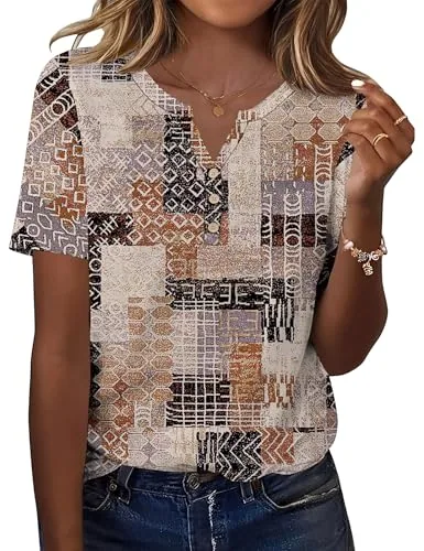 Women's Short Sleeve V Neck Trendy Tops Summer Casual Blouses Shirts