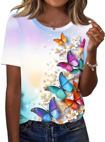 Crew Neck Shirts for Women Short Sleeve Tops Dressy Casual Blouses