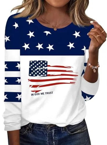Crew Neck Tops for Women American Flag Long Sleeve Blouses Shirts