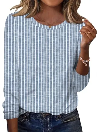 Women's Plus Size Loose Casual Blouses Long Sleeve Stripe Tshirts