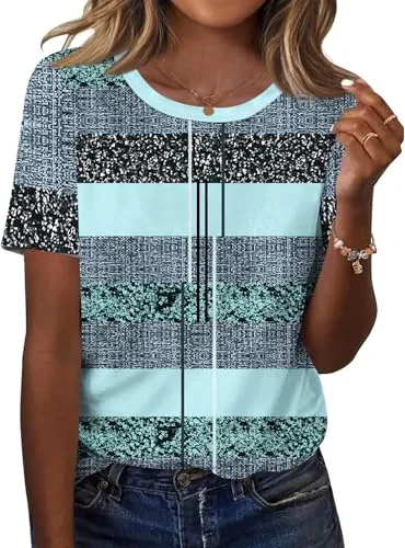Ladies Blouses and Tops Short Sleeve Crew Neck Summer Shirts Women