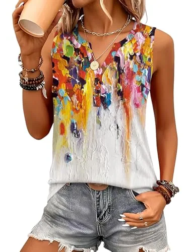 Women's Tank Tops Button V Neck Sleeveless Summer Casual Blouses