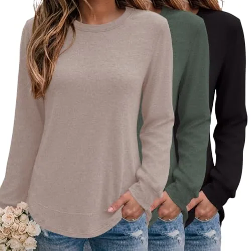 3 Pack Solid Fall Tops for Women Long Sleeve Crew Neck Sweatshirts