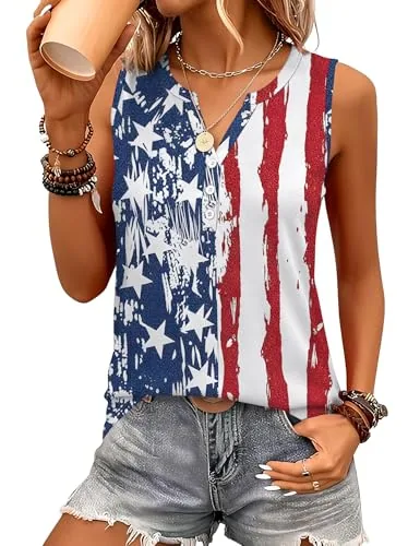 Womens T Shirts Summer Sleeveless Button V Neck USA Patriotic Tops
