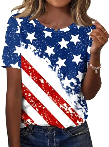 Womens Crew Neck Tops USA Flag Short Sleeve Blouses Patriotic Shirt