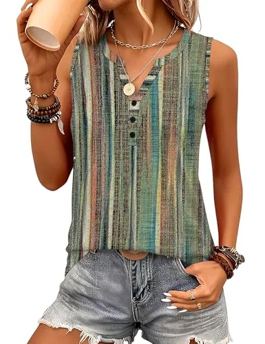 Womens Summer Sleeveless Shirts V Neck Blouses Vacation Tank Tops