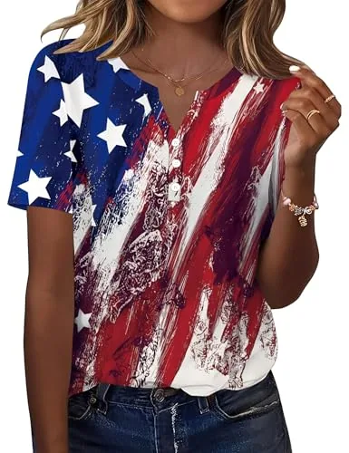 Stars and Stripes Short Sleeve Tops Summer V Neck Blouse Shirts