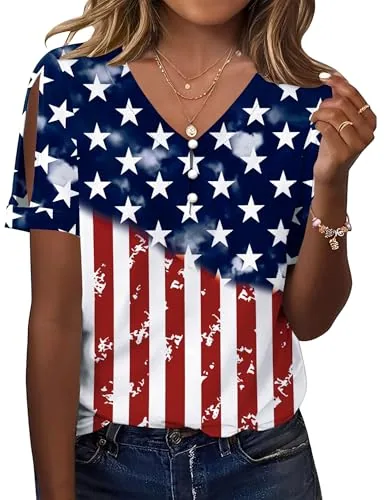Women Shirts and Blouses Cold Shoulder V Neck Short Sleeve USA Tops