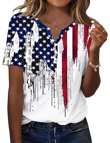 Casual Button V Neck Short Sleeve Loose Fitted Top Patriotic Shirt
