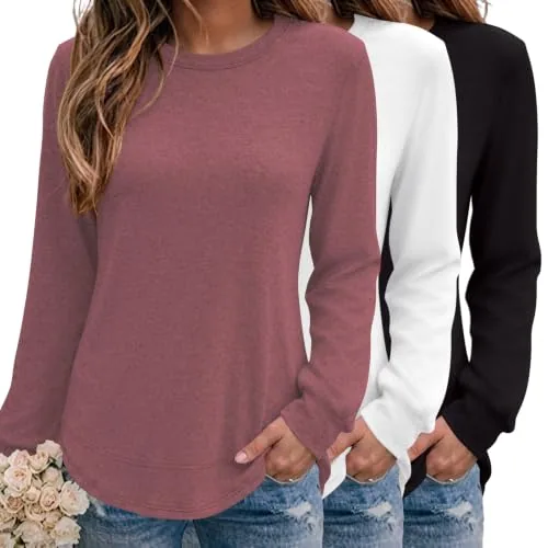 Women's 3 Pack Casual Crew Neck Long Sleeve Loose Fitting Tunic Tops