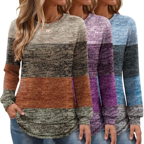 Women's Fashion 3 Pack Long Sleeve Tops Plus Size Everyday T-Shirts