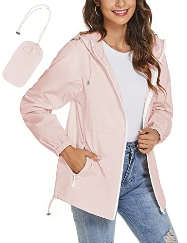 Womens Rain Jacket with Hood Lightweight Waterproof Windbreaker Jackets Zip